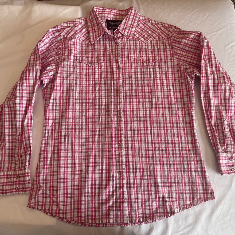 Wrangler Women's Pink and White Plaid Button Down Shirt